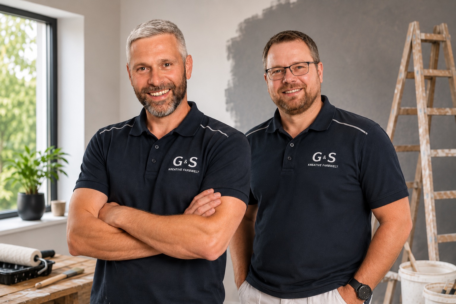Die beiden Inhaber von G&S Kreative Farbwelt in Arbeitskleidung vor einer frisch gestrichenen Wand